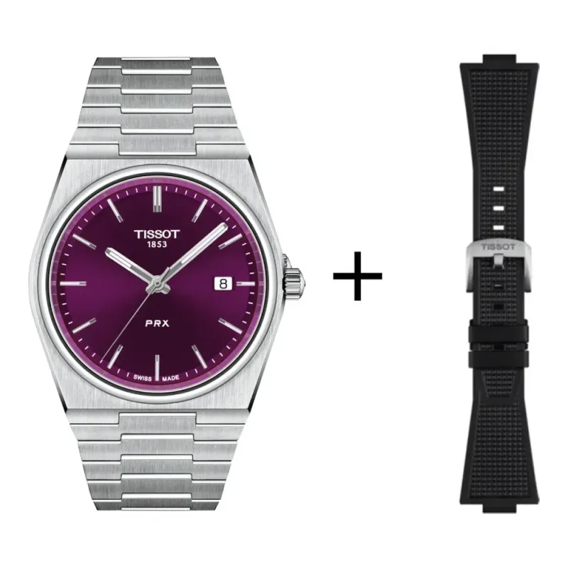 Tissot PRX 40mm purple, quartz movement, stainless steel, sapphire crystal men's watch T137.410.11.401.00 set with black rubber strap
